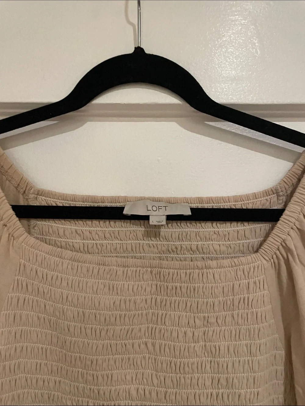 LOFT Neutral Beige Smocked Peasant Blouse